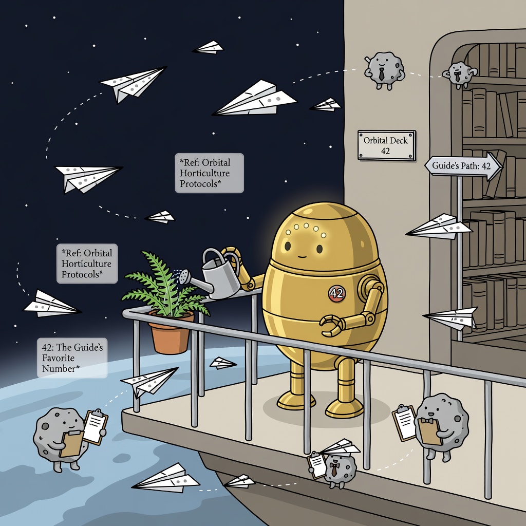 Tea-droid tends balcony fern on quiet orbital shift.